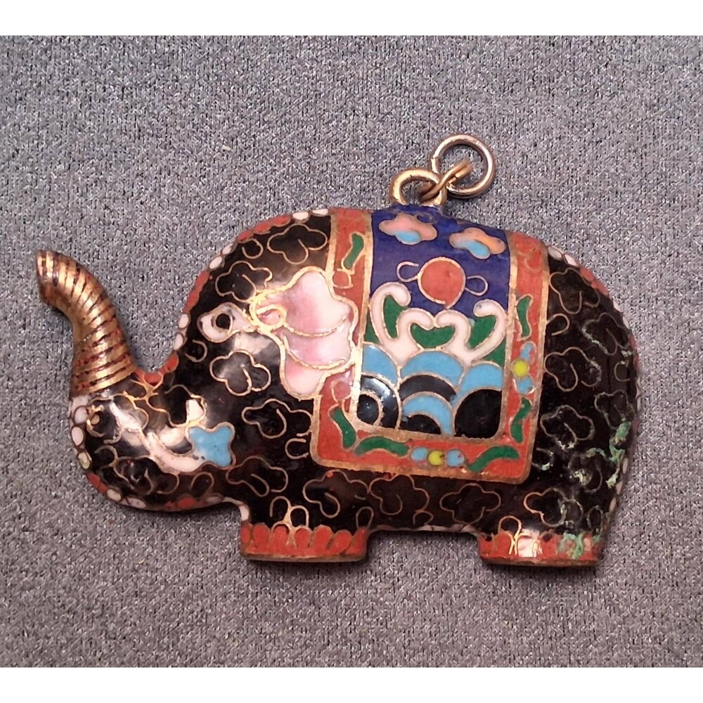 Vintage Cloisonne Enamel Elephant Pendant Large Black & Red